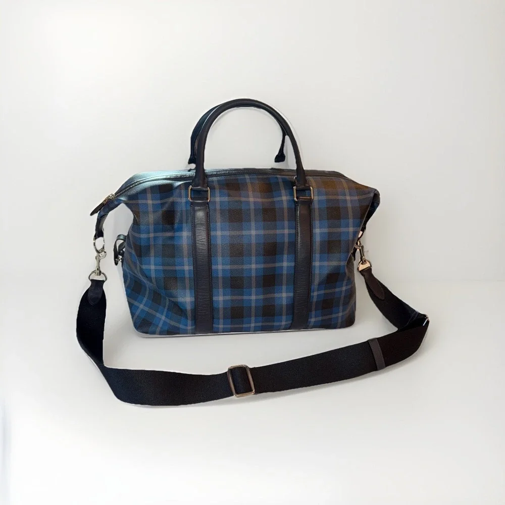 Coach Weekender Duffel Bag Blue Black Plaid Leather Trim Silver Hardware 17X11X9